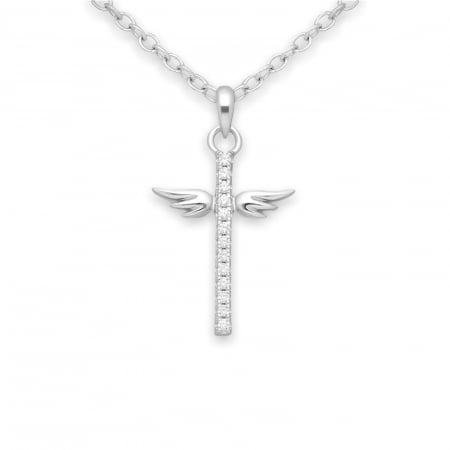 silver cross pendant with angel wings