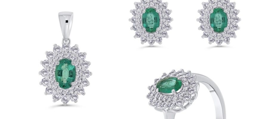 Gold gift set with natural diamonds and natural emeralds