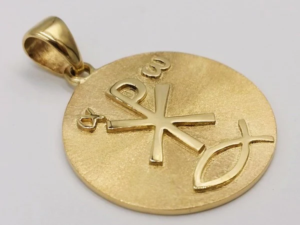 Side view religious medal Christian symbols