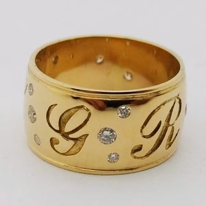 wide band ring with women's initials in 18k gold